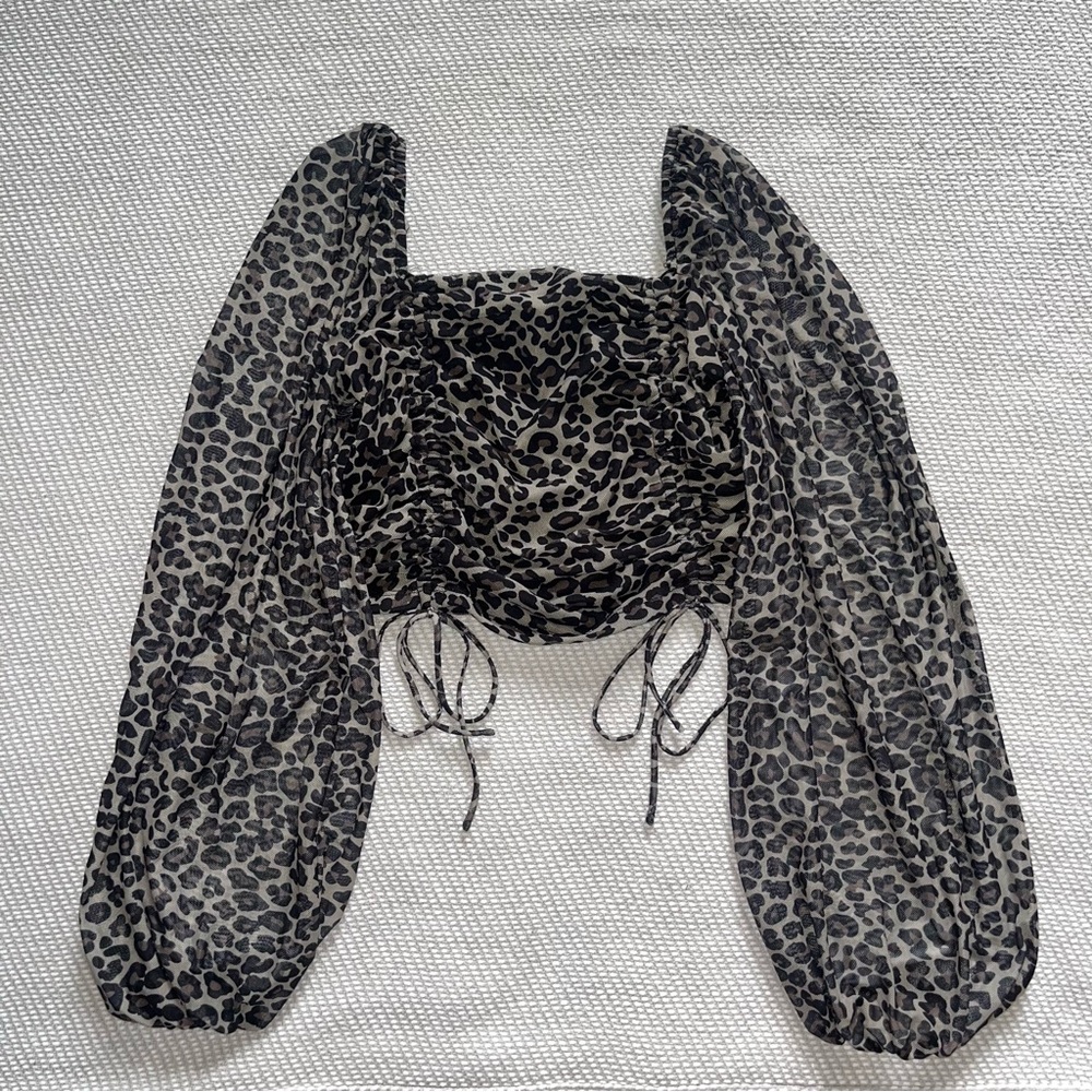Women’s Mesh Cheetah Print Ruched Long Puff Sleeve Crop Top Sz Sm Square Neck